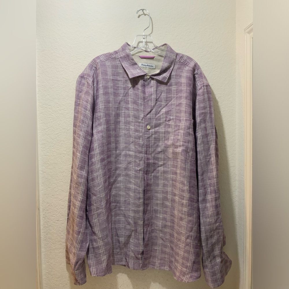 NWTOT Tommy Bahama 100% linen shirt plaid purple white XL